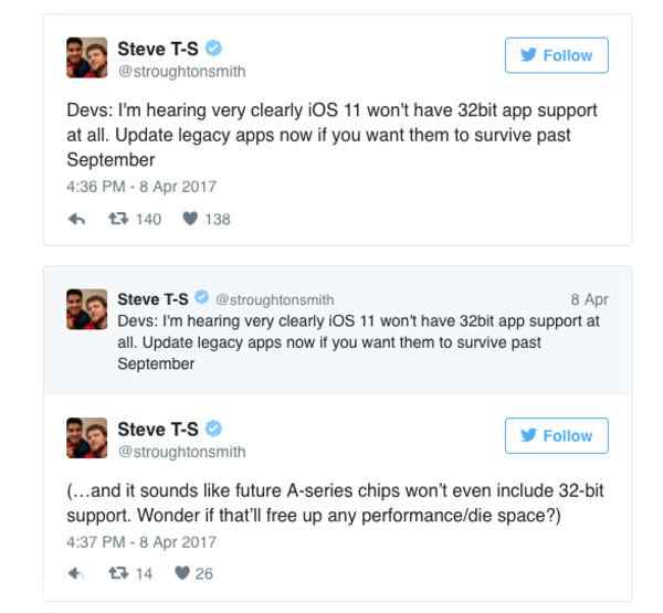 iOS 11将不再支持32位应用 