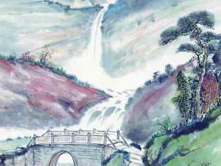 手绘中国国画高清壁纸  国画山水图片 山水人家高清图