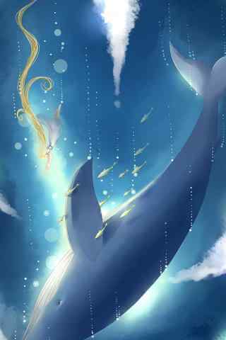 蓝色唯美手绘鲸鱼手机壁纸