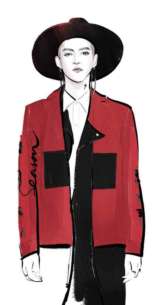 吴亦凡时尚红色外套手绘图片手机壁纸