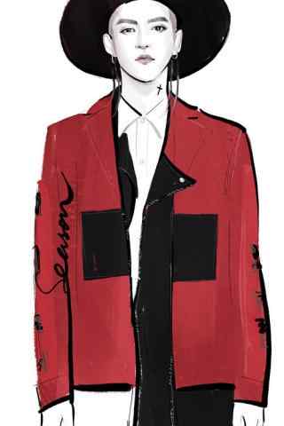 吴亦凡时尚红色外套手绘图片手机壁纸