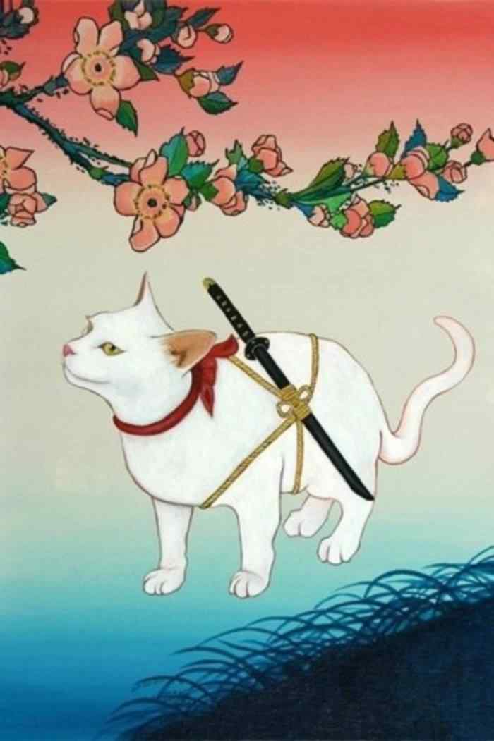 日本武士猫咪手绘手机壁纸