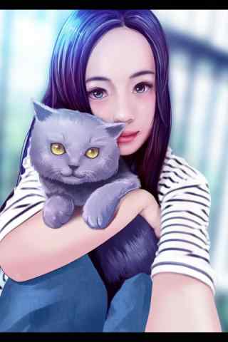 女孩抱着猫咪手绘手机壁纸