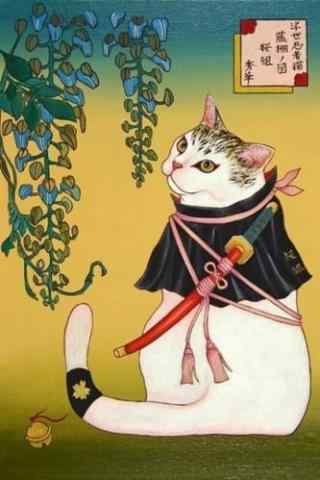 手绘日本武士猫咪手机壁纸