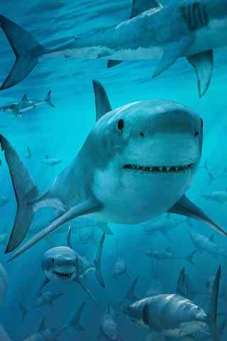成群结队的大白鲨手机壁纸