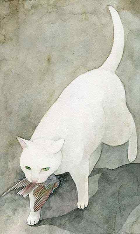 手绘白色猫咪叼鱼手机壁纸