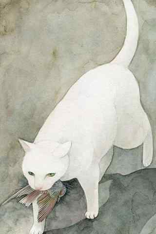 手绘白色猫咪叼鱼手机壁纸