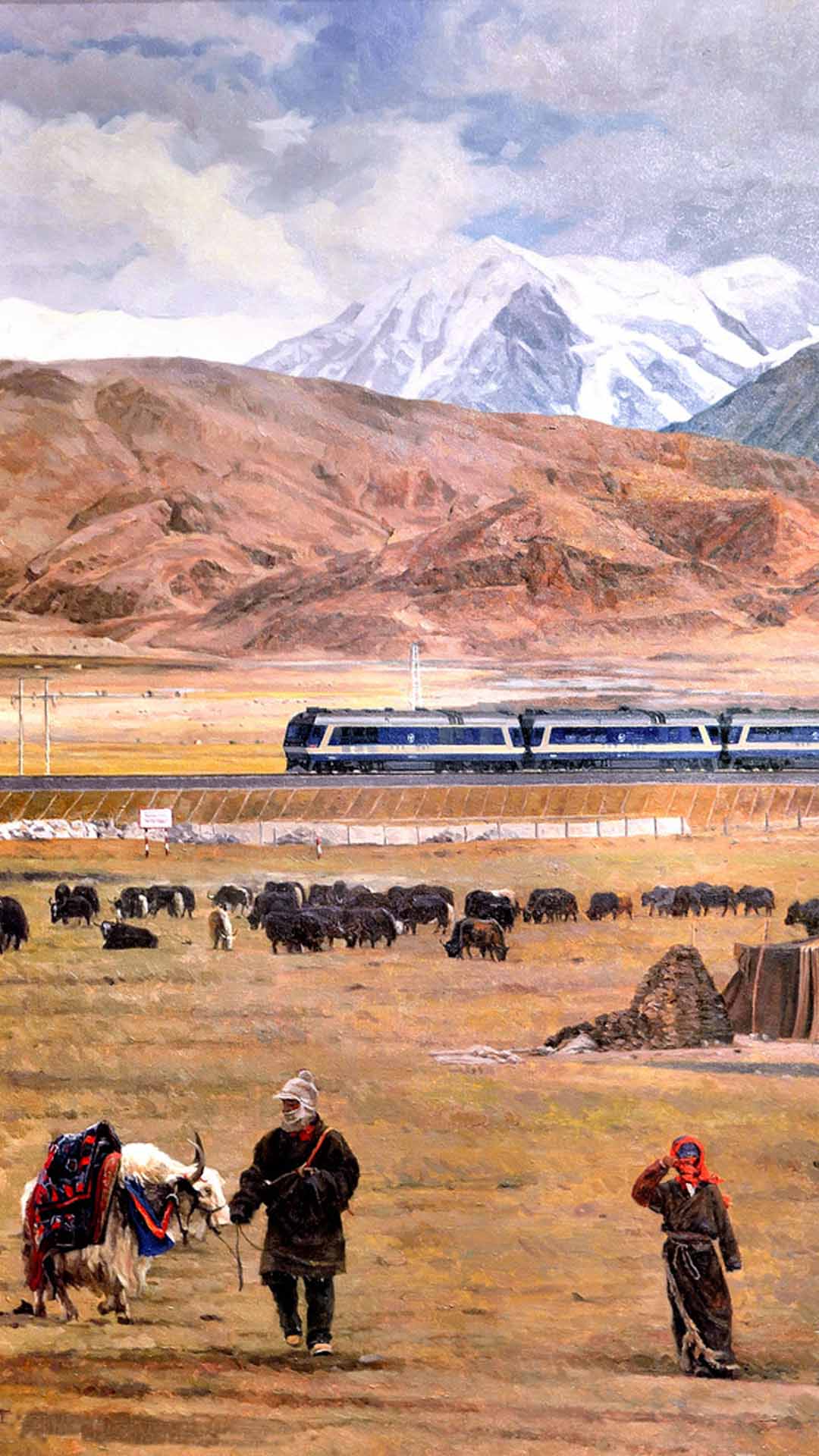 青藏铁路沿路风景手绘手机壁纸