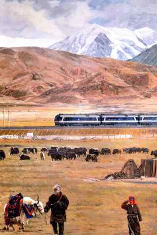青藏铁路沿路风景手绘手机壁纸