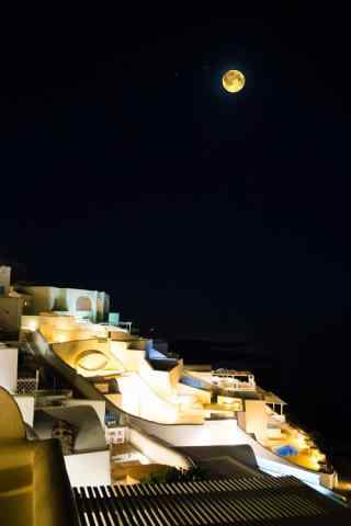 圣托里尼唯美月色夜景图高清手机壁纸