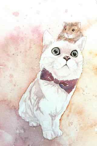 萌萌哒可爱小猫和仓鼠手绘手机壁纸