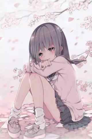 坐在樱花雨中的可爱少女手机壁纸