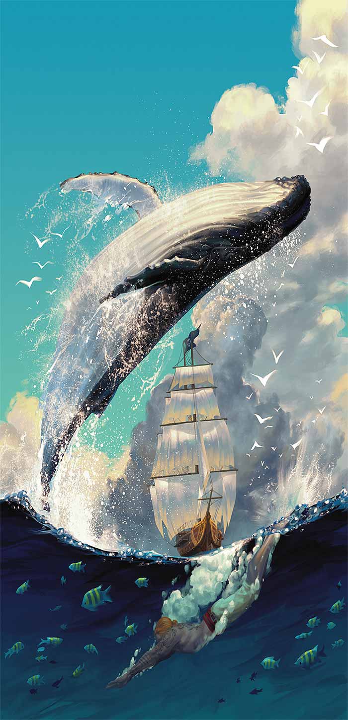 手绘鲸鱼跃过帆船高清卡通壁纸图片