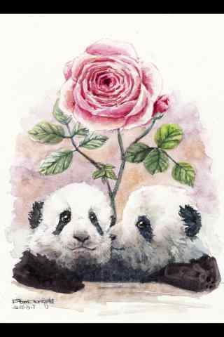 两只可爱的大熊猫玫瑰花手机壁纸