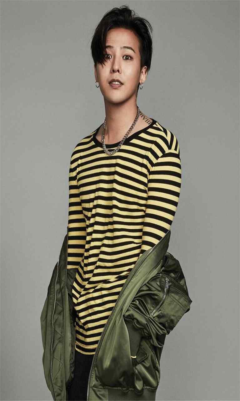 权志龙G-DRAGON时尚杂志拍摄黄黑条纹T恤手机壁纸
