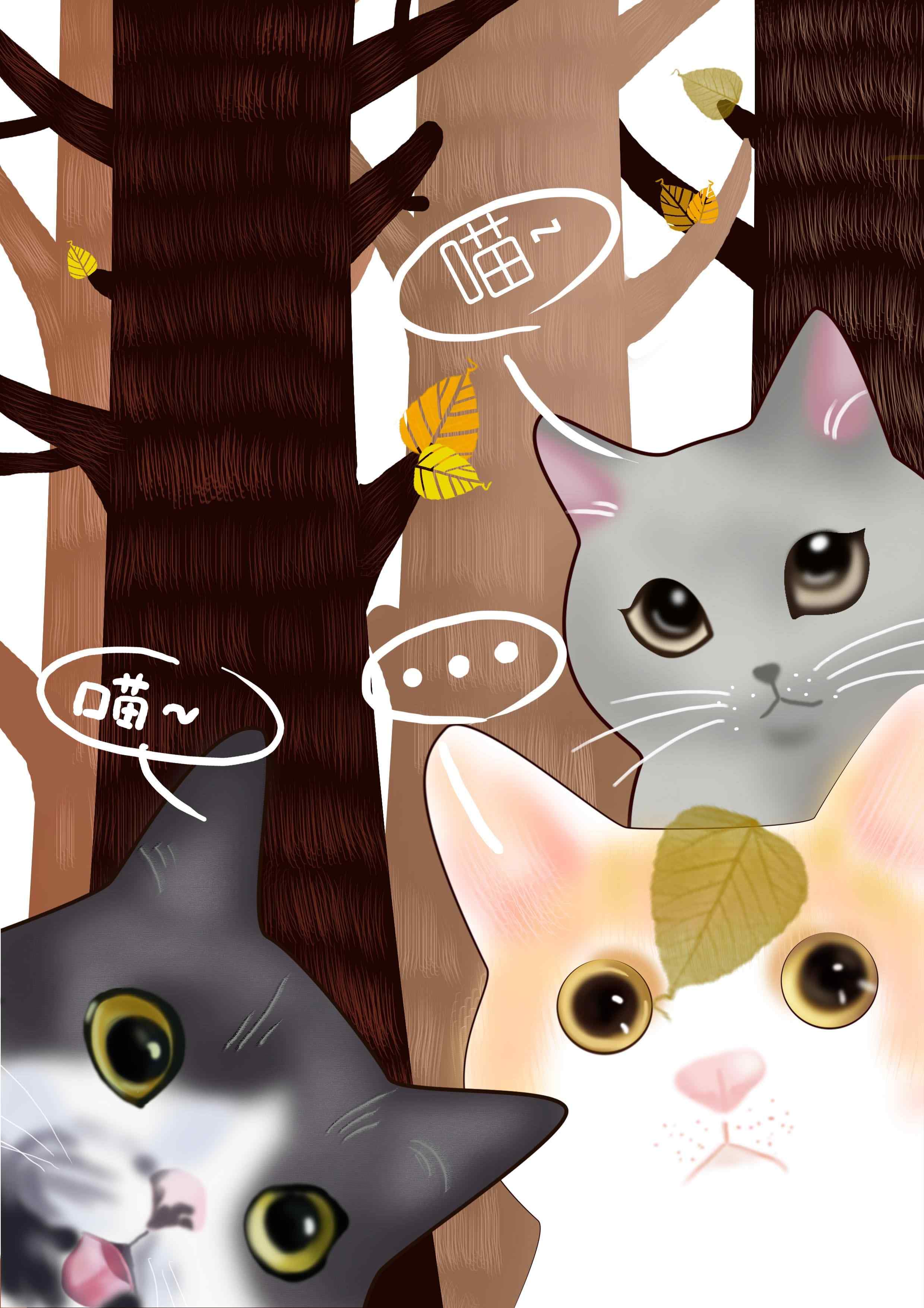 三只可爱的猫咪手绘手机壁纸