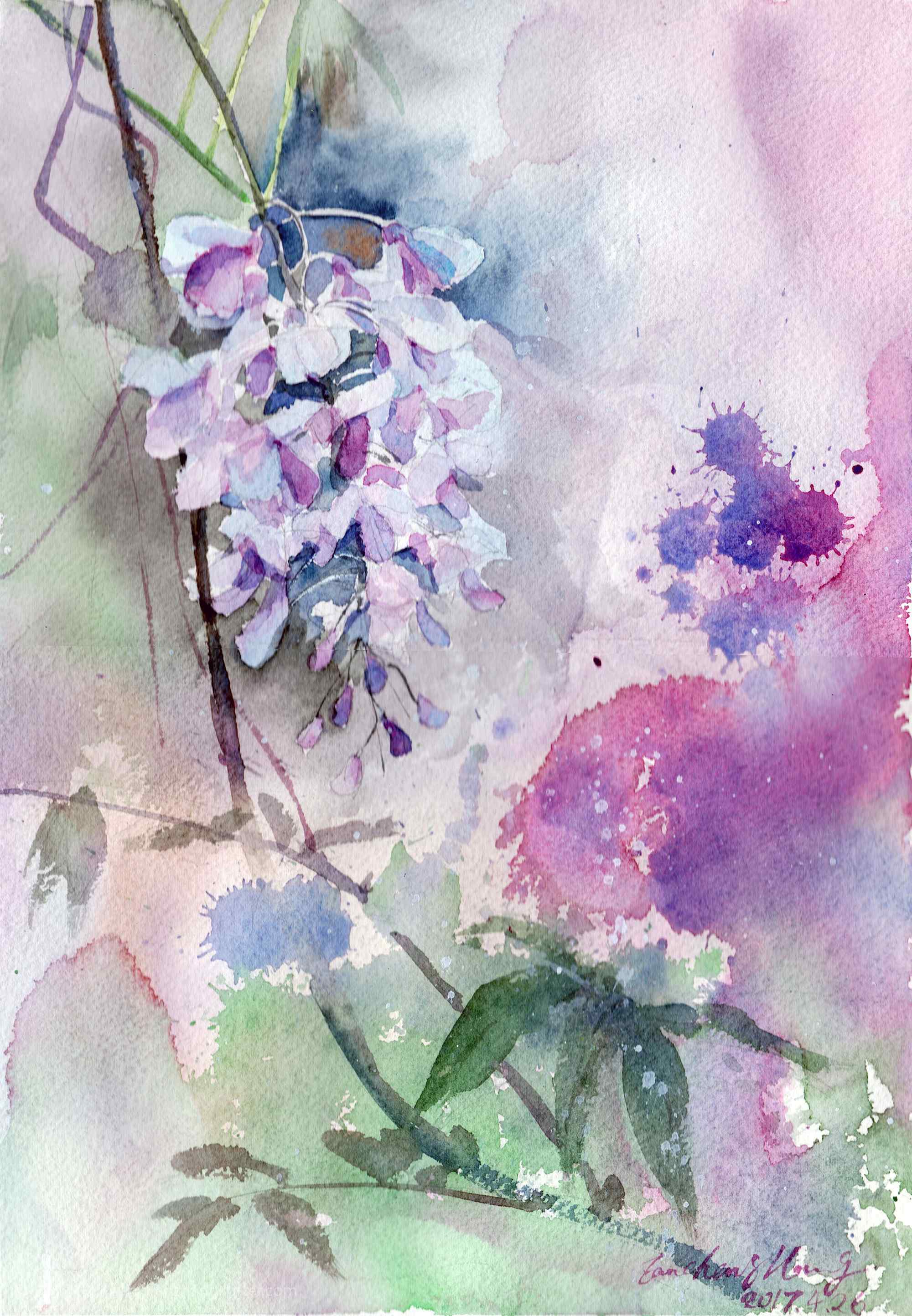 手绘水彩好看的紫藤萝手机壁纸