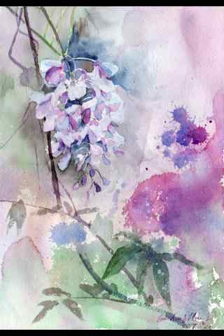 手绘水彩好看的紫藤萝手机壁纸