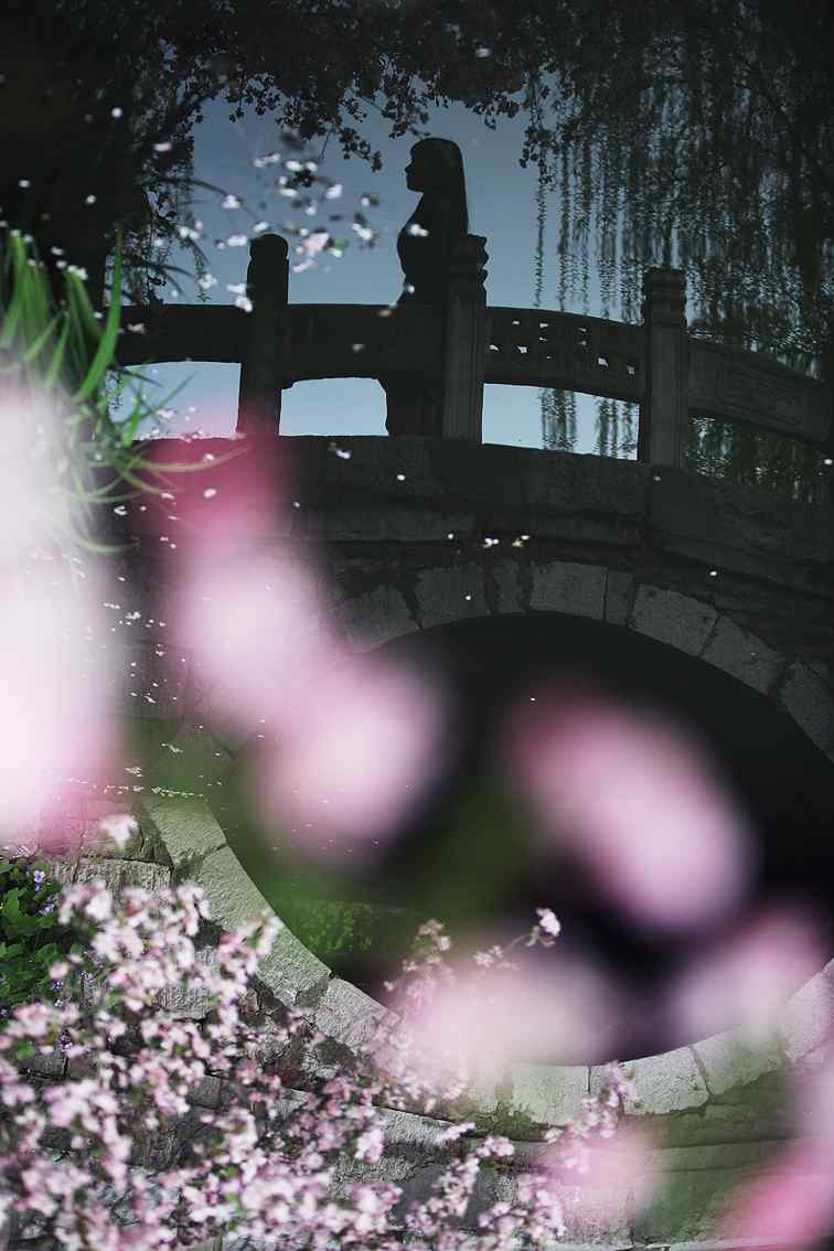 唯美的海棠花与桥上的美女倒映手机壁纸