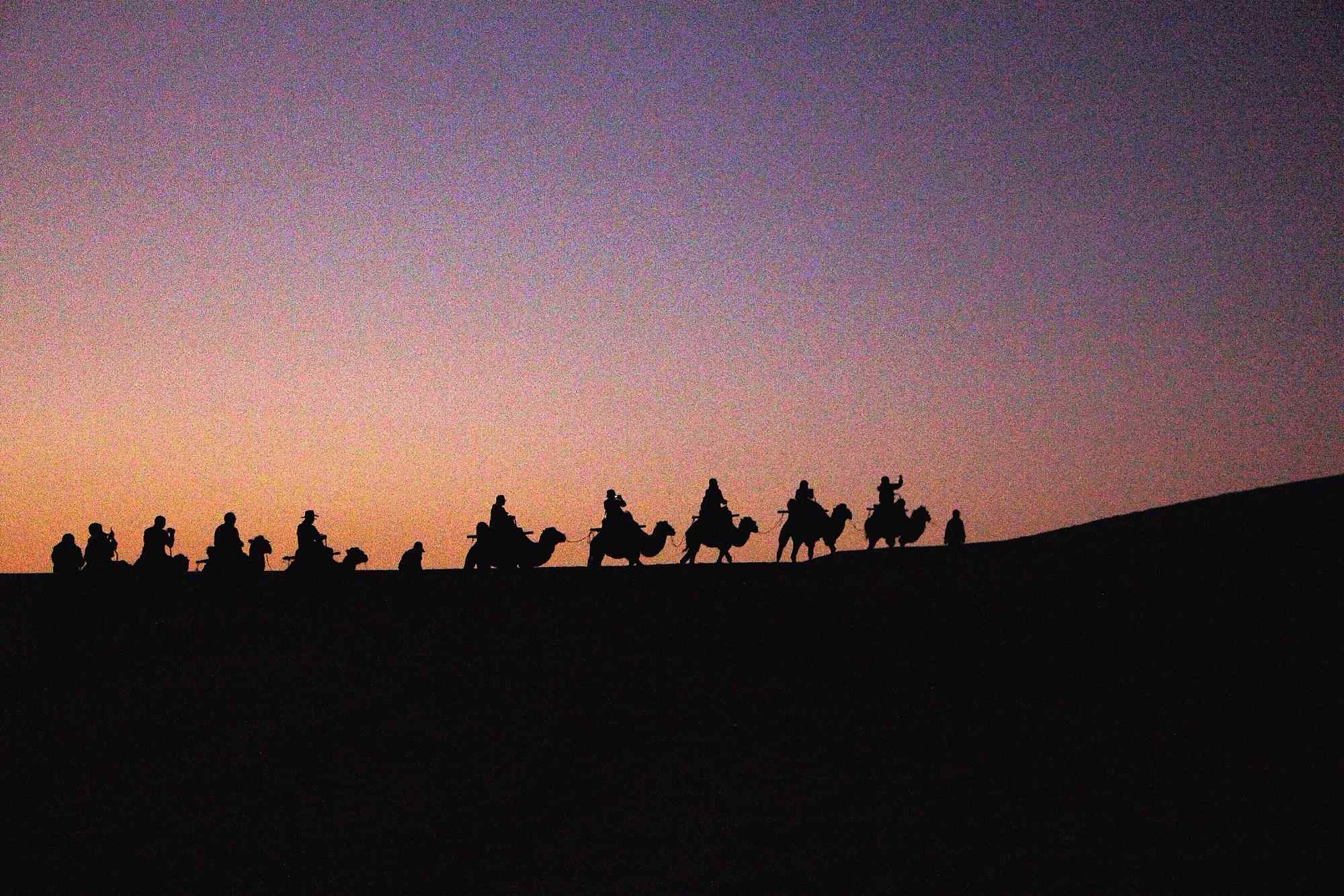 沙漠夕阳下的骆驼队伍