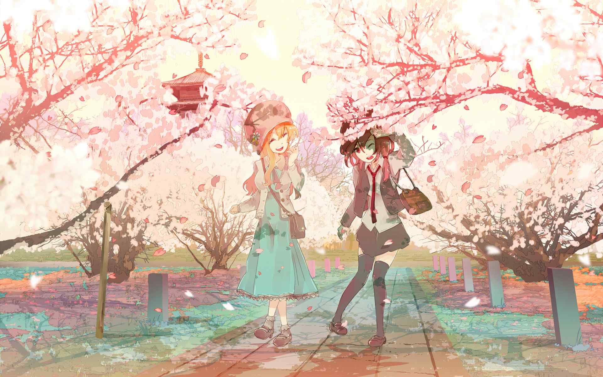动漫图片-樱花林中的赏花少女