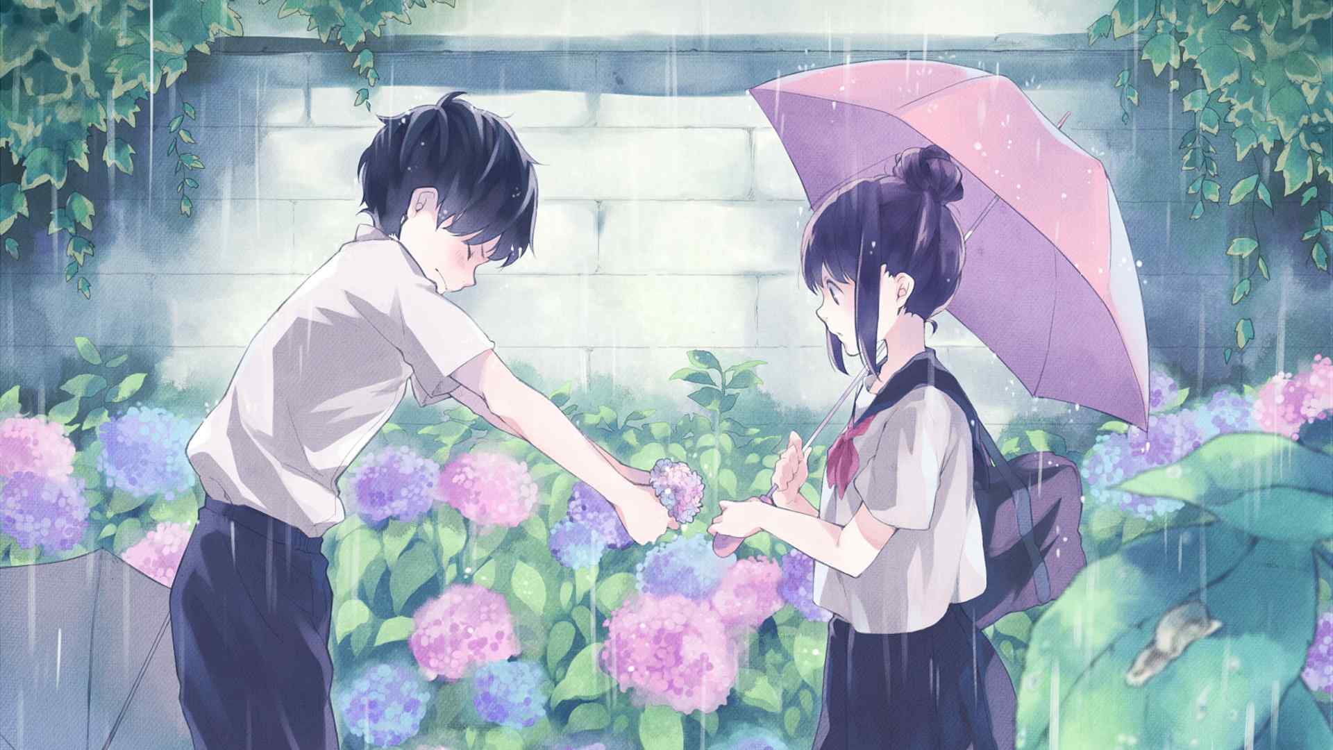 女生,男生,雨伞,鲜花,初恋动漫壁纸