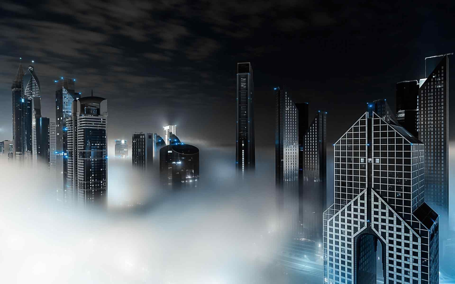 夜幕下迷雾缭绕的迪拜高清壁纸