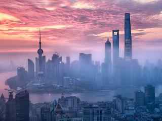上海三座高楼大厦并肩而立桌面壁纸