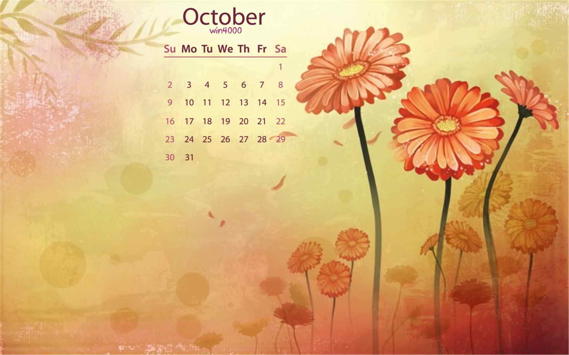 2016年10月日历精美工笔画花卉炫彩清新桌面壁纸图片