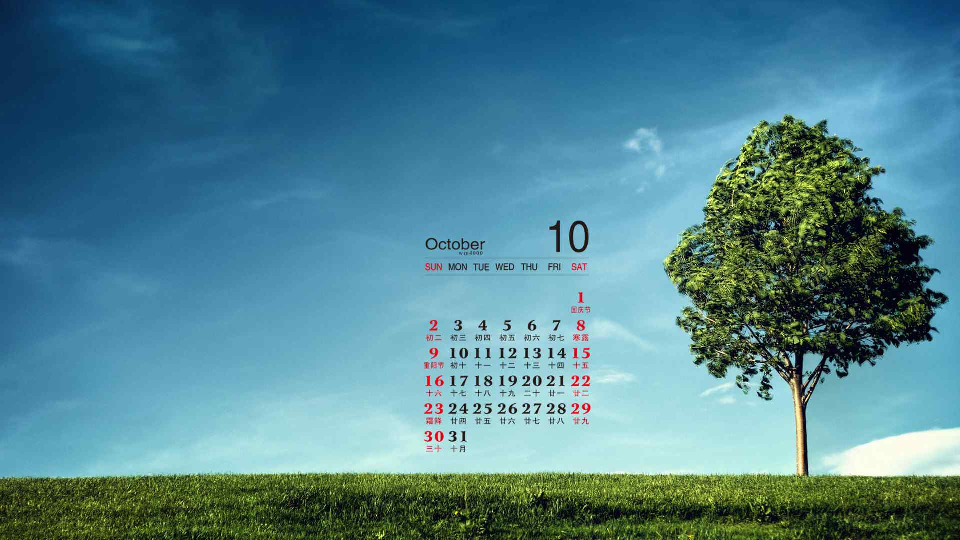 2016年10月日历清新自然草原上的树木高清电脑壁纸