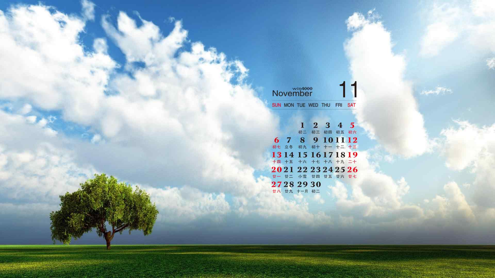 2016年11月日历草原上蓝天白云下的树木高清风景壁纸