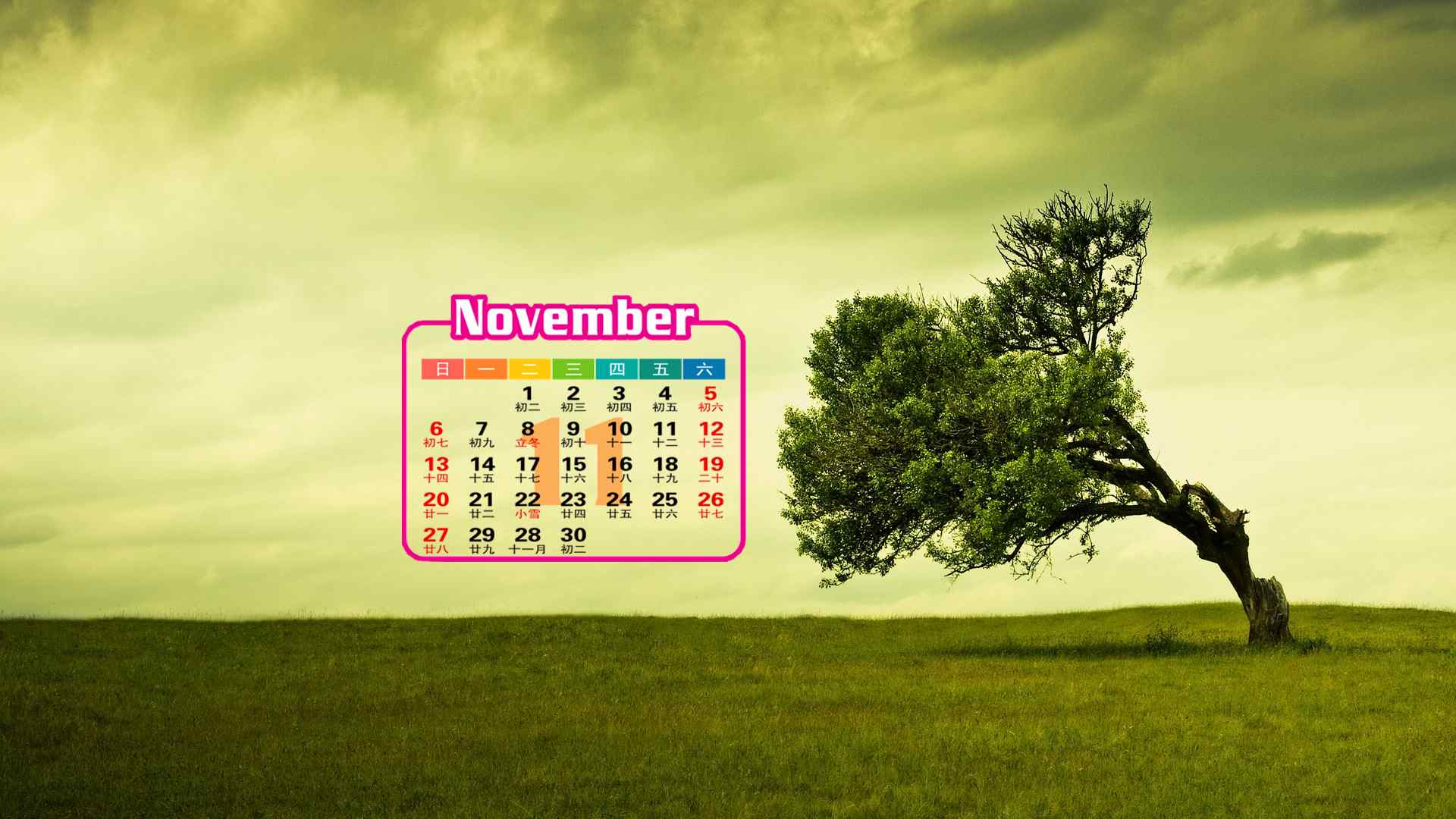 2016年11月日历清新绿色树叶自然风景桌面壁纸