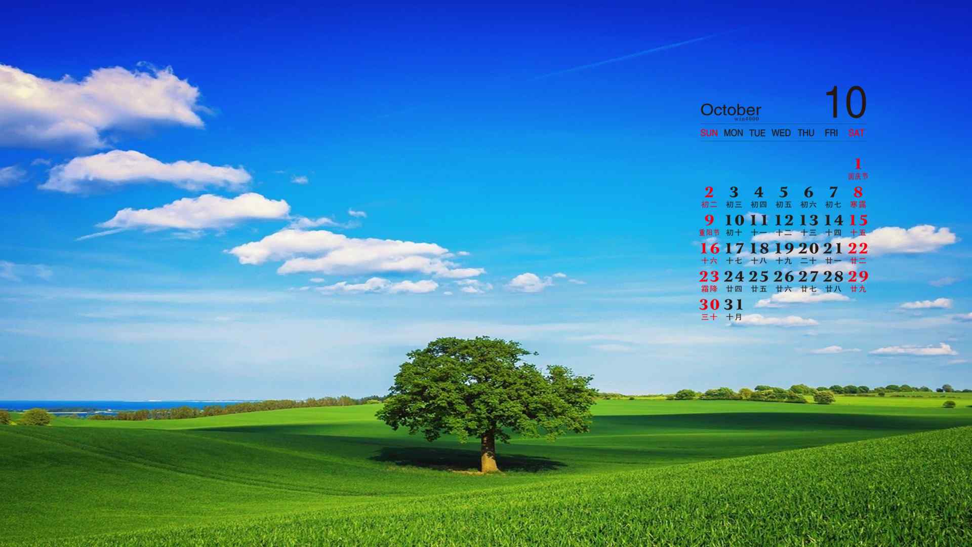 2016年11月日历蓝天白云下的草原风景高清电脑壁纸