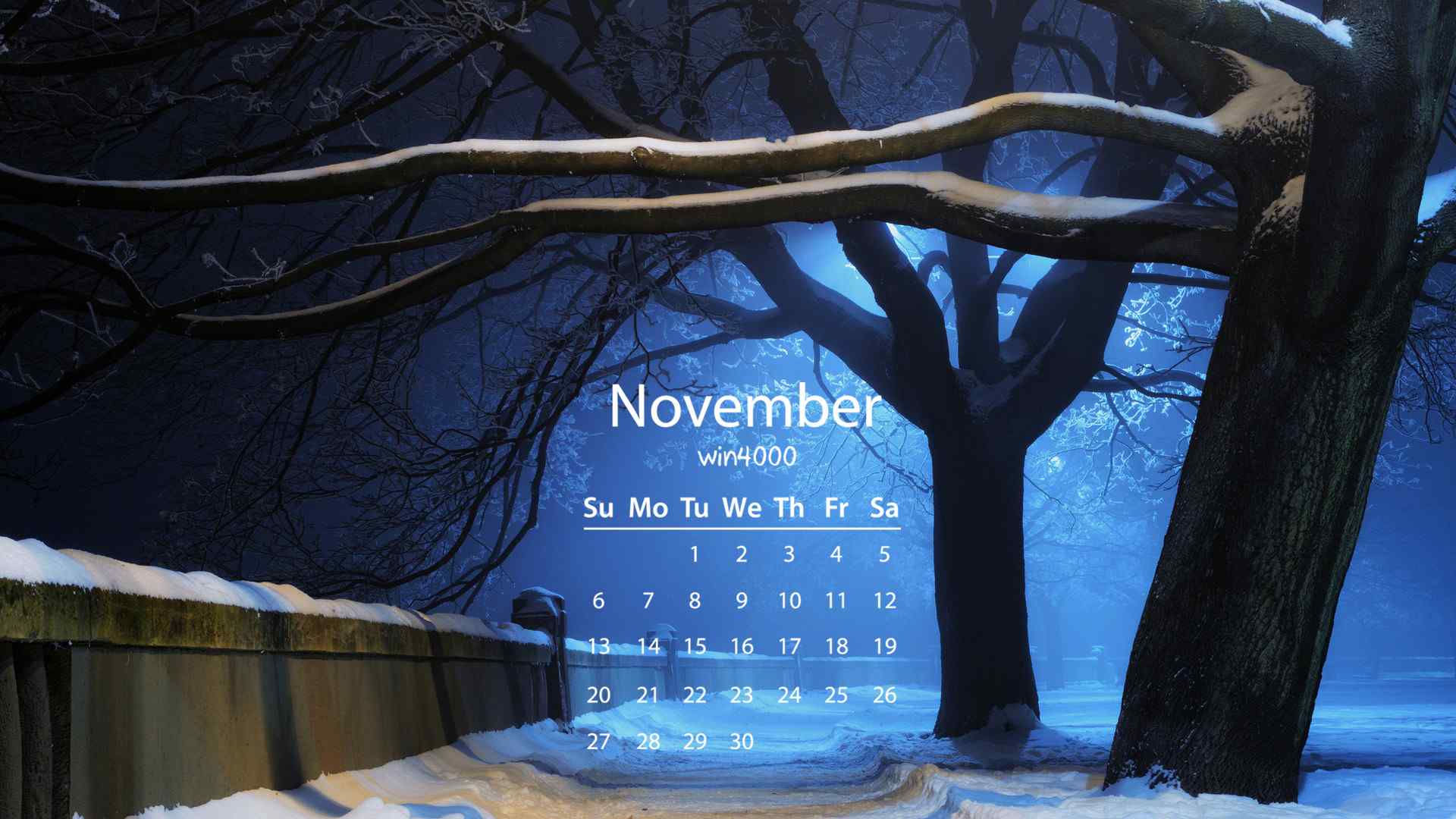 2016年11月日历冬天的树木雪景高清壁纸下载