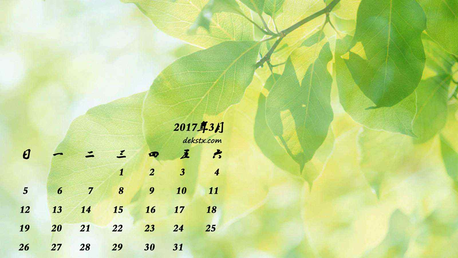 2017年3月日历绿色植物护眼图片壁纸