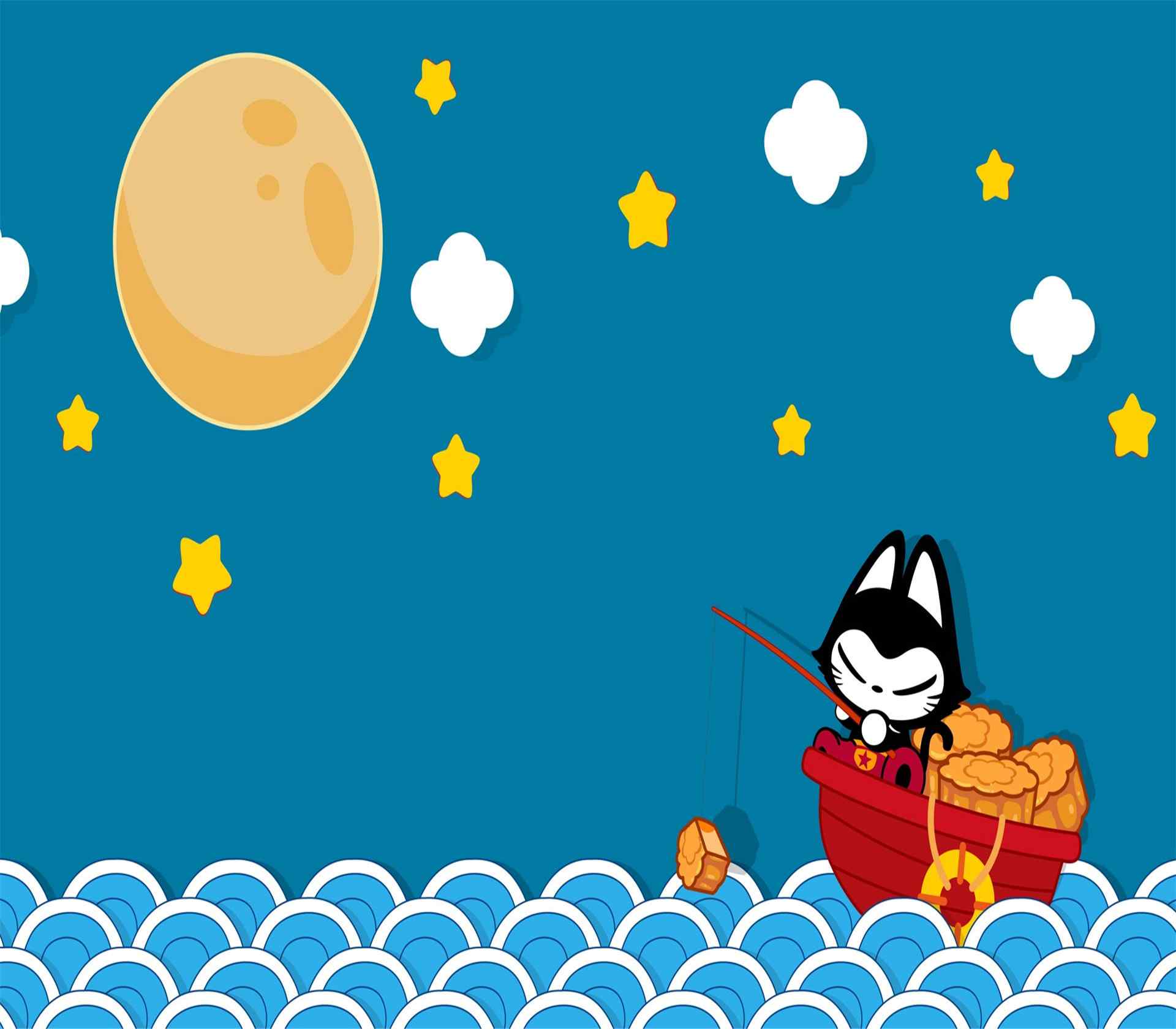 中秋节卡通人物小狐狸划船赏月桌面壁纸