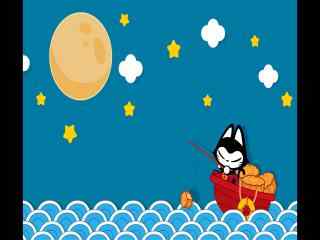 中秋节卡通人物小狐狸划船赏月桌面壁纸