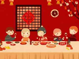 卡通过年图片一家人吃饺子