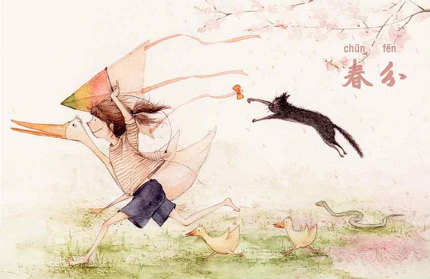 春分节气—手绘春日放风筝的孩子桌面壁纸
