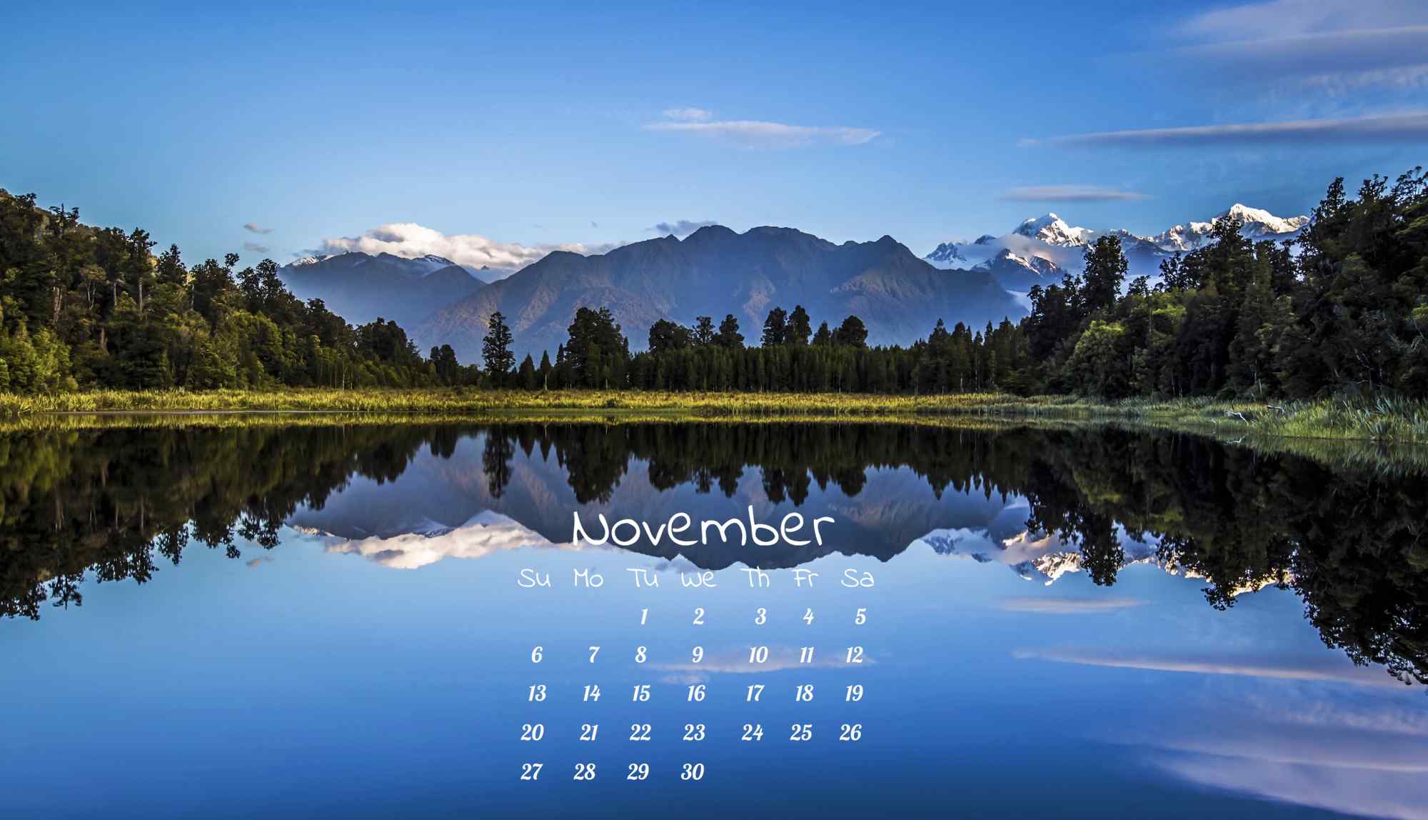 唯美新西兰镜湖11月日历壁纸