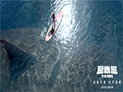 电影《巨齿鲨》潜行中的巨齿鲨和毫无察觉的冲浪者剧照