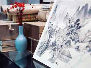 唯美的水墨画与花盆摆设静物图片桌面壁纸