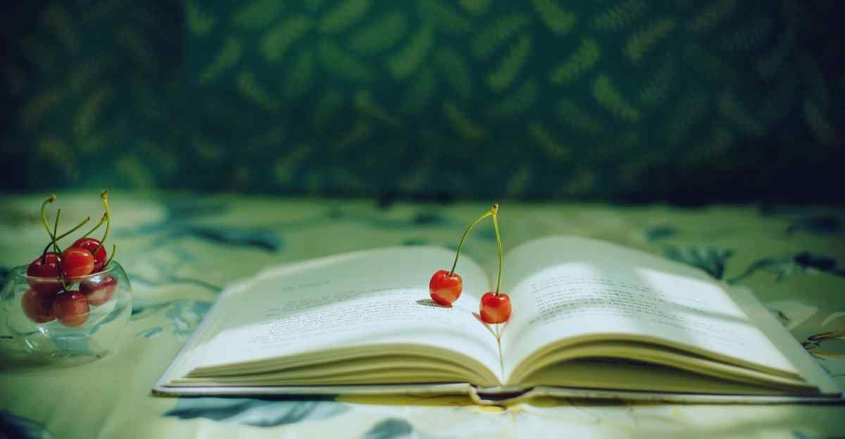 红色樱桃与书本唯美静物摆拍图片