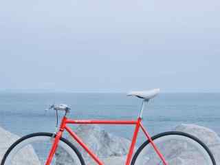 小清新海边红色单车桌面壁纸