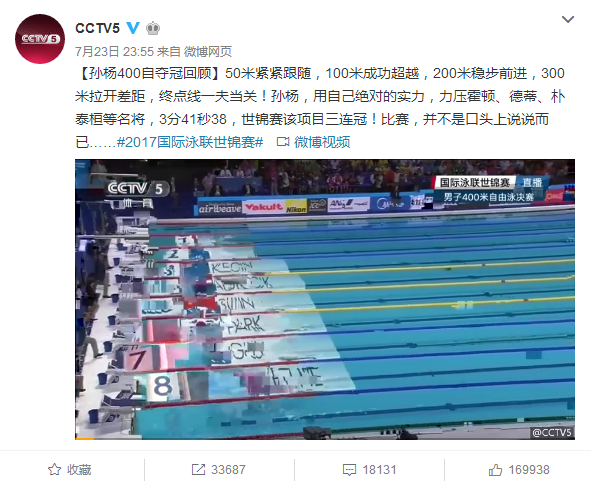 2017国际泳联世锦赛 孙杨400m夺冠创造了3连冠