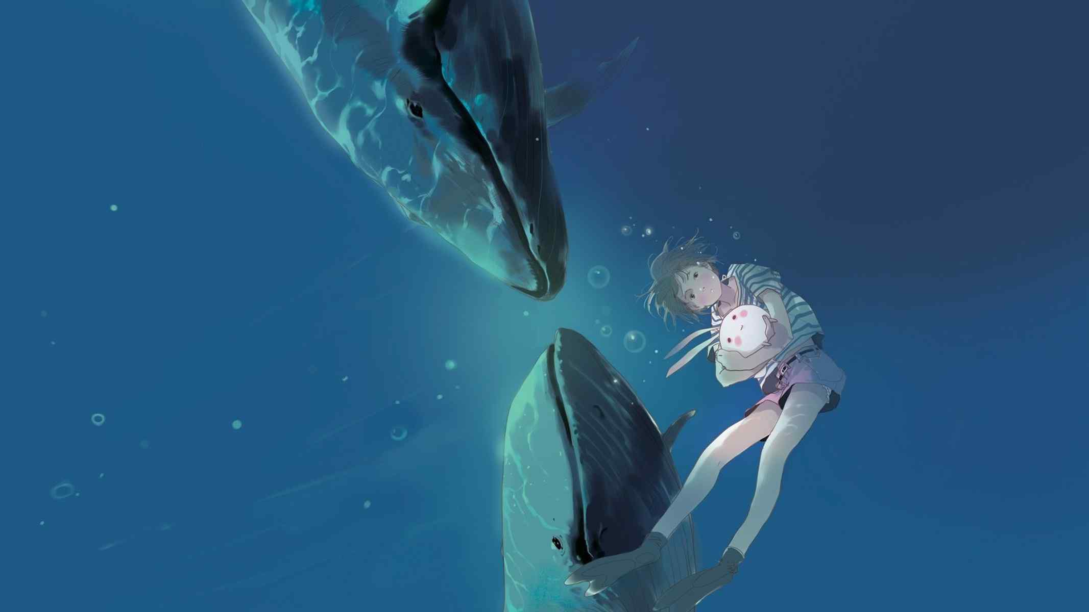 手绘水下女孩和鲸鱼静谧唯美桌面壁纸