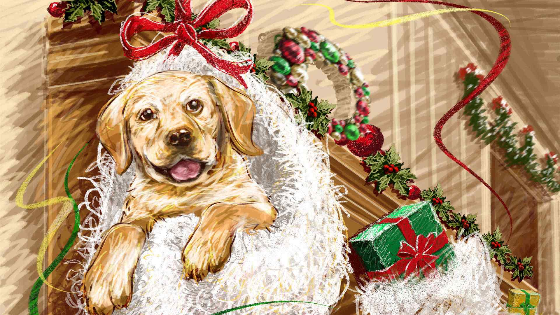 手绘可爱狗狗圣诞节节日图片高清壁纸