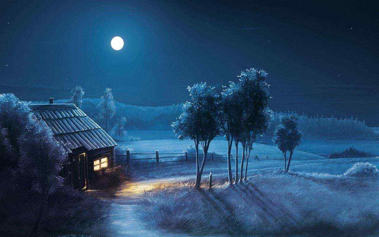 手绘唯美村庄夜空中的月亮图片