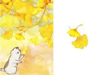 超萌小黄猫和银杏叶手绘桌面壁纸