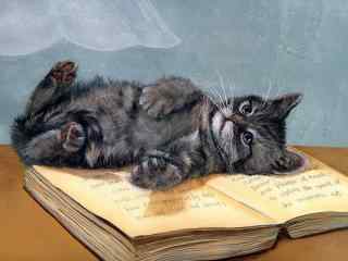 萌萌哒躺在书上的猫咪手绘壁纸